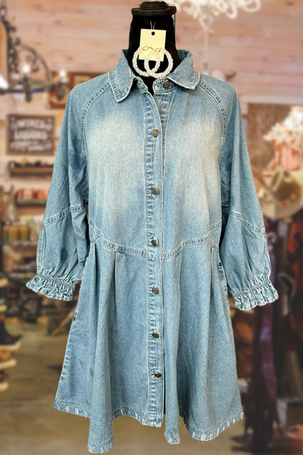 Casual Lapel Washed Denim Dress