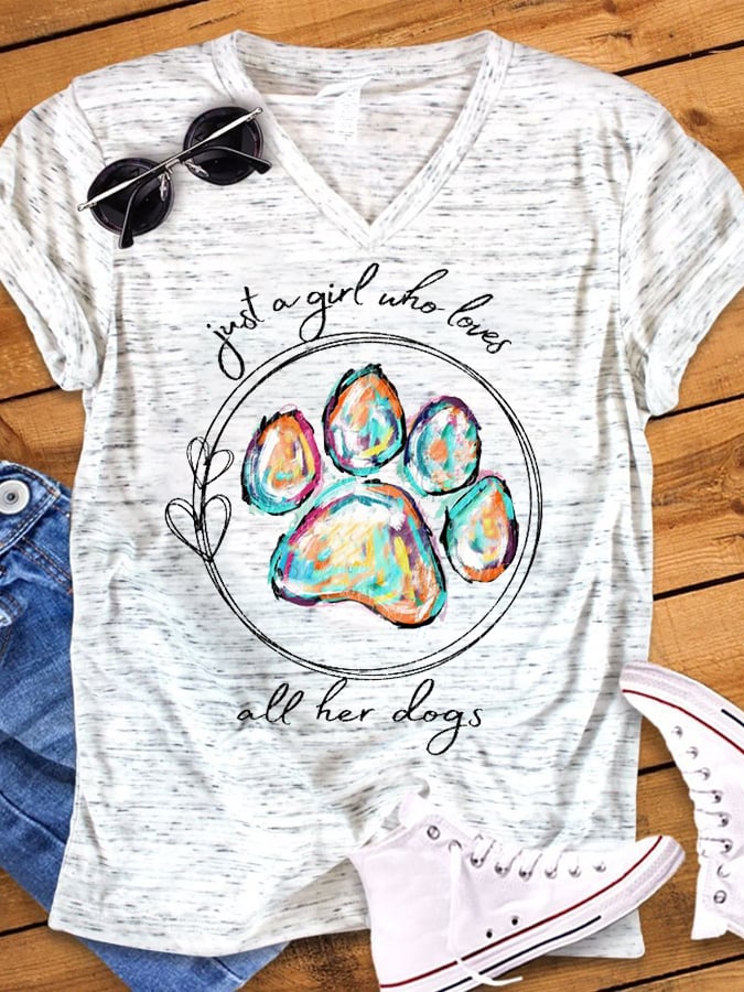 Women's Paws Just A Girl Who Loves All Her Dogs Print Snowflake Dot V-Neck T-Shirt