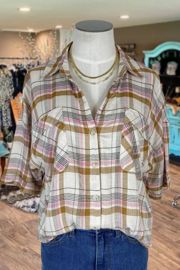 Plaid Button Up Short Sleeve Top