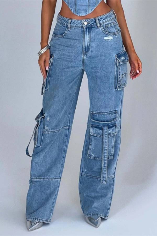 Ripped Multi‑Pocket Strap Cargo Wide‑Leg Jeans