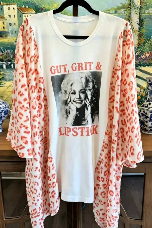 Portrait Print Pink Leopard Spliced Loose T‑Shirt