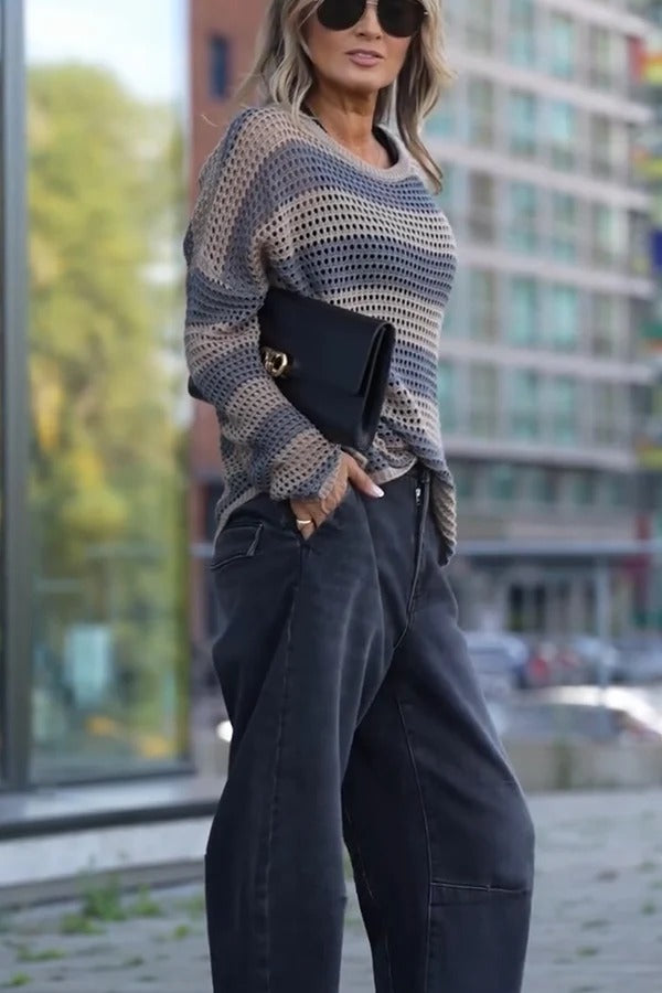 Stylish Knit Color-blocked Stripes Cutout Wide Neck Long Sleeve Relaxed Sweater