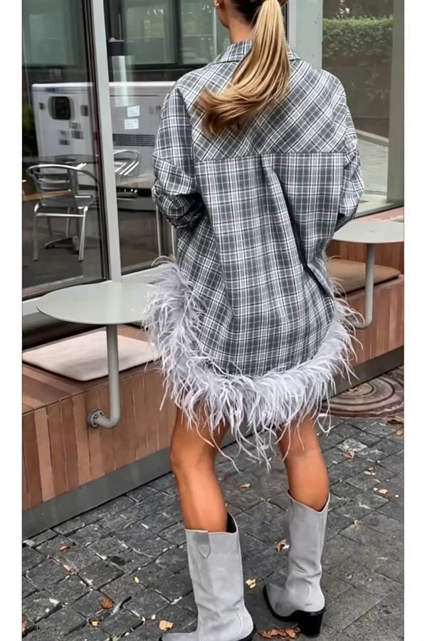 Dylan Plaid Print Long Sleeve Feather Trim Hem Pocket H-line Loose Blouse