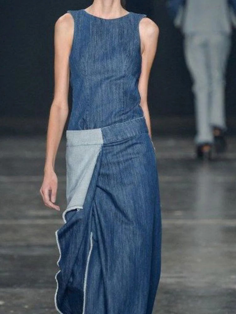 UR Casual Plain Spliced Sleeveless Maxi Denim Dress