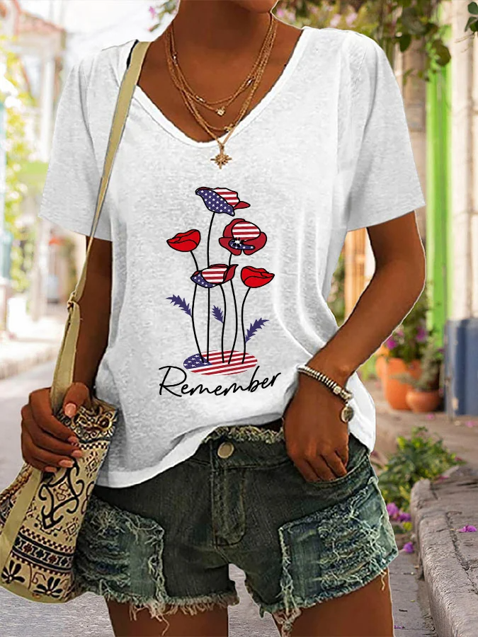 Women's Casual Printed V-neck T-shirt