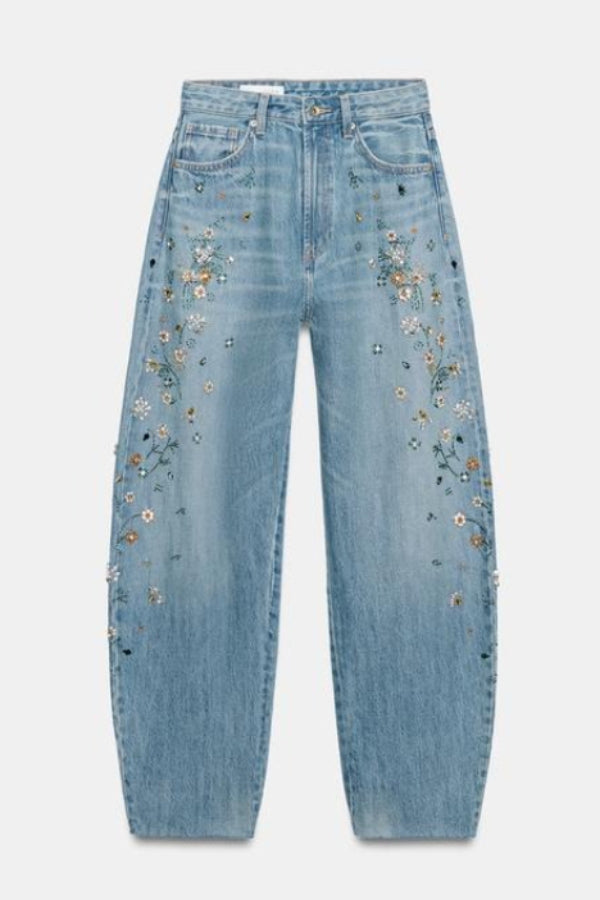 TRF HIGH RISE EMBROIDERED BARREL JEANS
