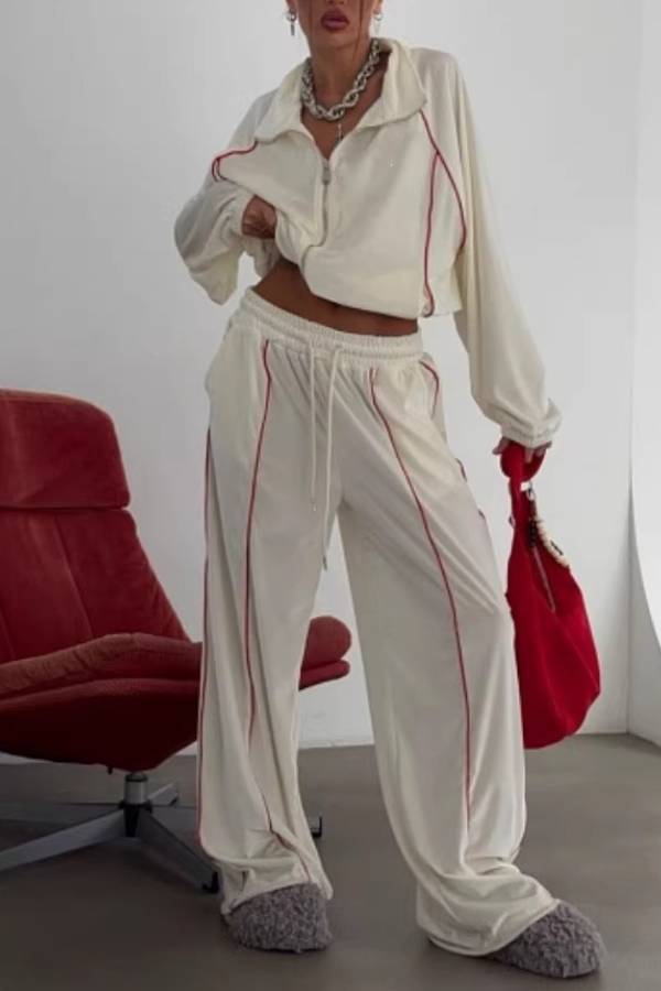 Contrast Piping Velvet Tracksuit 2 Piece Outfit