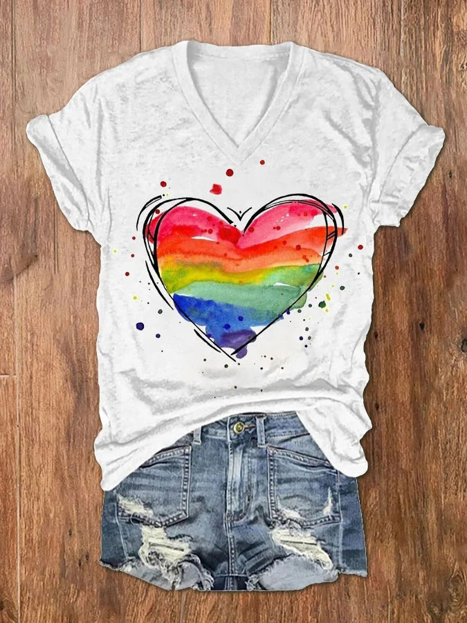 Women's Watercolor Love Heart Rainbow Print V-Neck T-Shirt