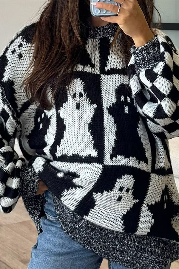 Halloween Ghost & Checkerboard Oversized Knit Sweater