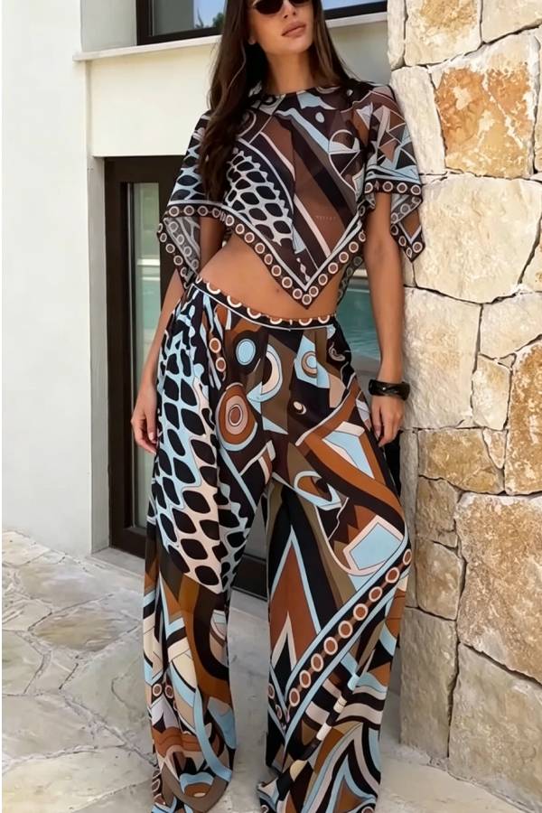 Fresh and Vibrant Artistic Print Mid Rise Wide Leg Pants