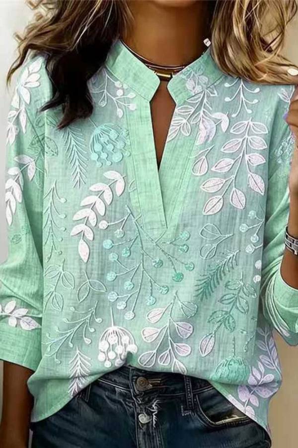 Floral Print Stand Collar Long Sleeve Blouse