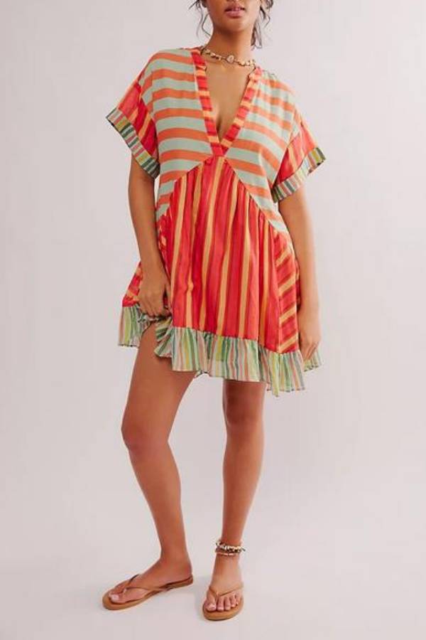 Multi-Print V-Neck Ruffle Loose Bohemian Mini Dress