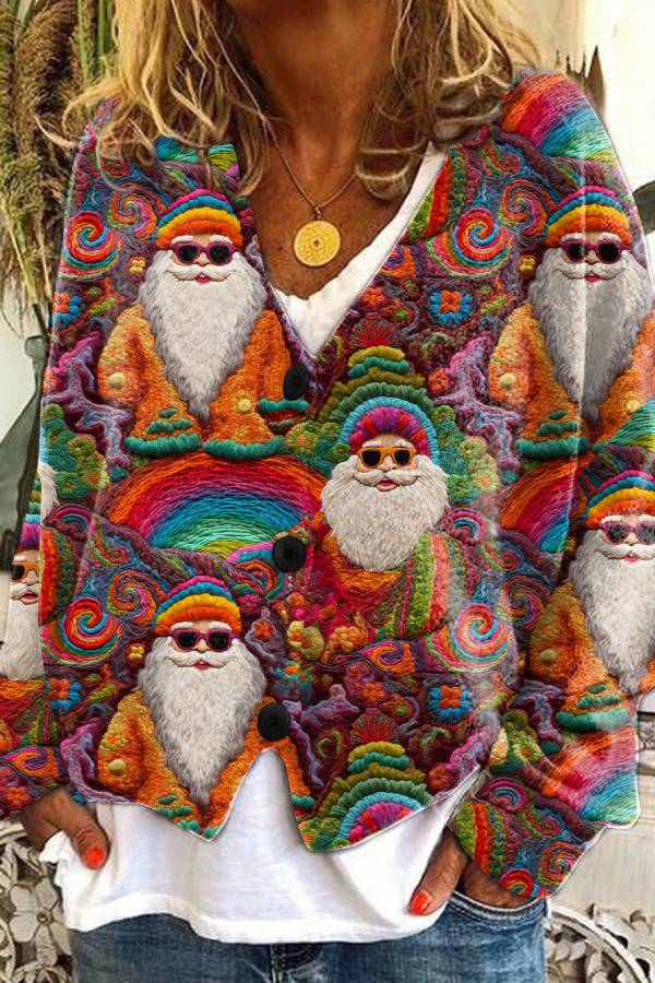 Christmas-themed V-neck single-breasted loose-fitting knit cardigan