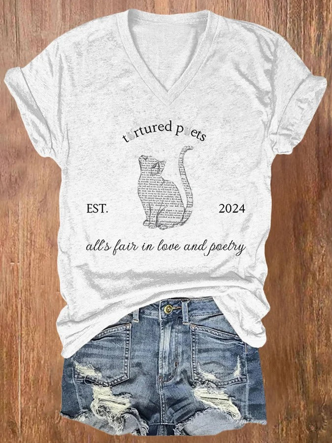 Women's All’s Fair In Love And Poetry Print Casual V Neck T-shirt