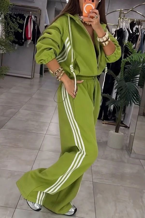 Fashionable Sporty Color-blocked Stripes Zip-up Hooded Sweatshirt and Elastic Waist Pocket Pants Set