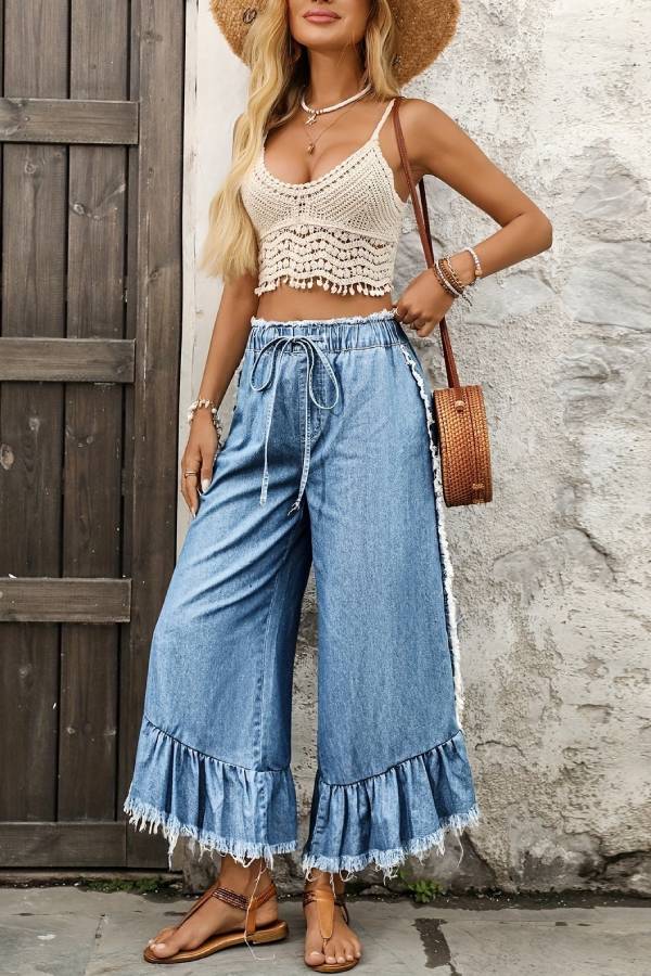 Boho Fringe Ruffled Denim Wide‑Leg Cropped Pants