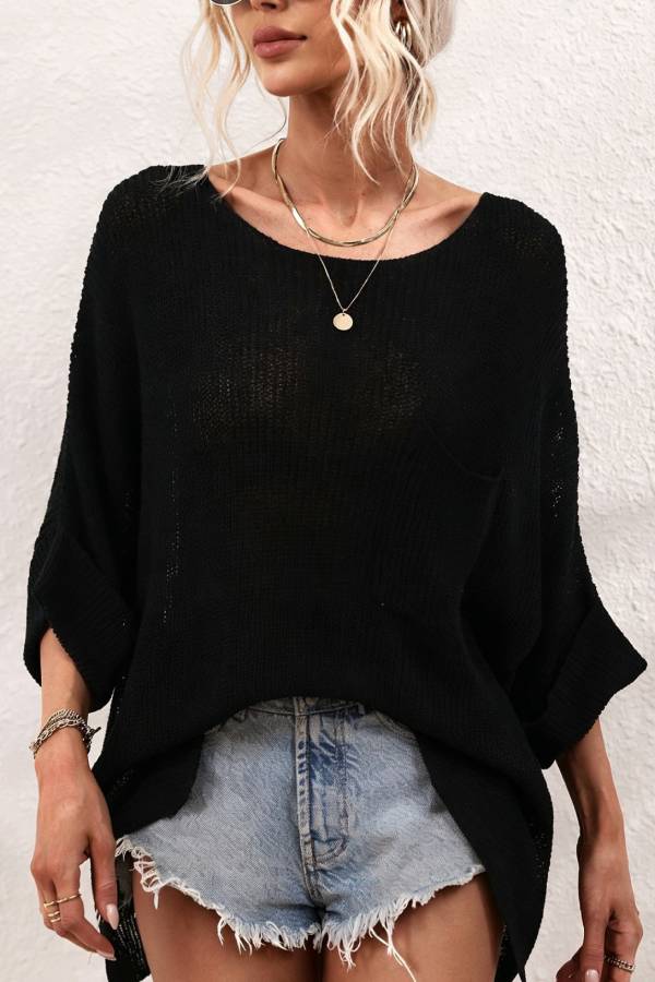 Loose Open Knit Top Crew Neck Pocket 3/4 Roll Sleeve Split Hem Sheer Cover Up