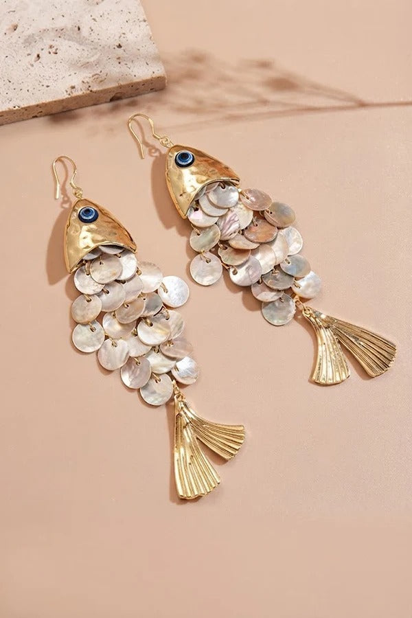 Fish-shaped Shell Tassel Ear Hooks