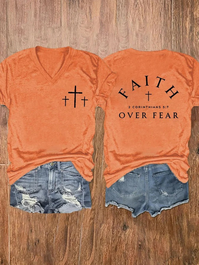 Women's Faith Over Fear Cross Print V-Neck T-Shirt