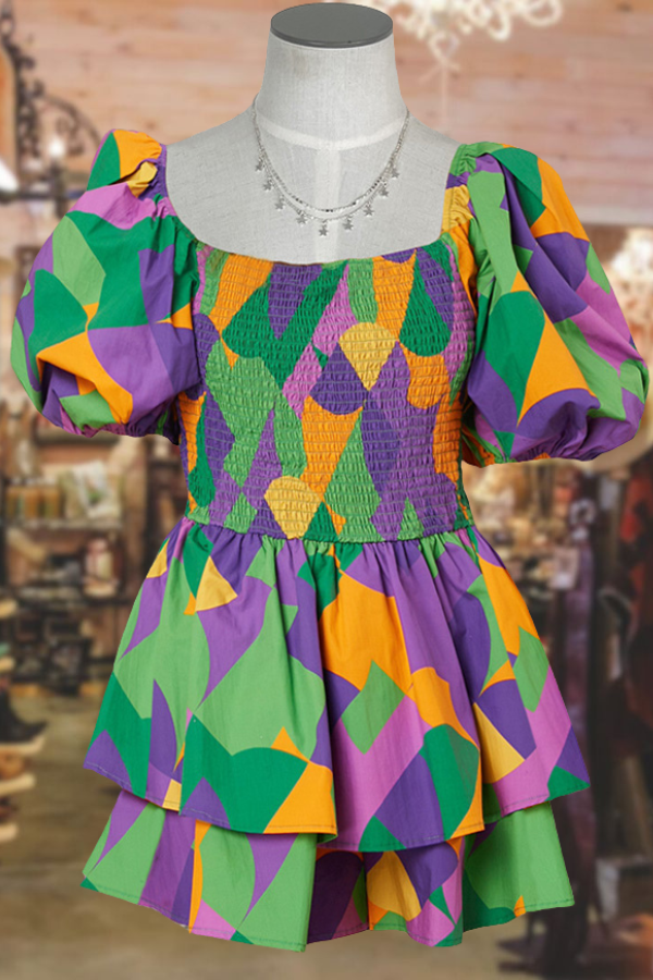 Mardi Gras Geo Print Smocked Romper