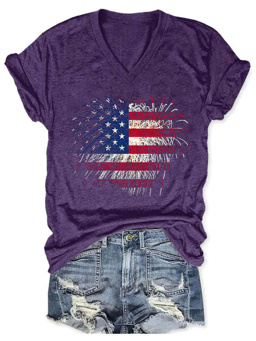 Women's Independence Day Fireworks Flag Print T-Shirt