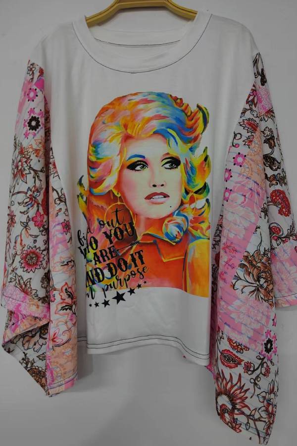 Colorful Portrait Print Patchwork Sleeve Top