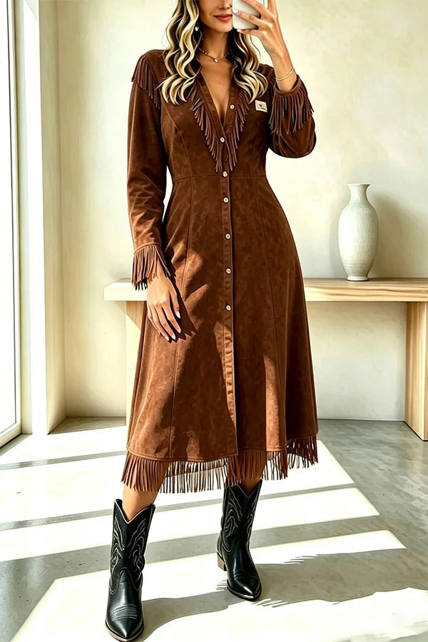 Western Cowboy Style Suede Tassel V-neck Button Long Sleeve Shirt Midi Dress