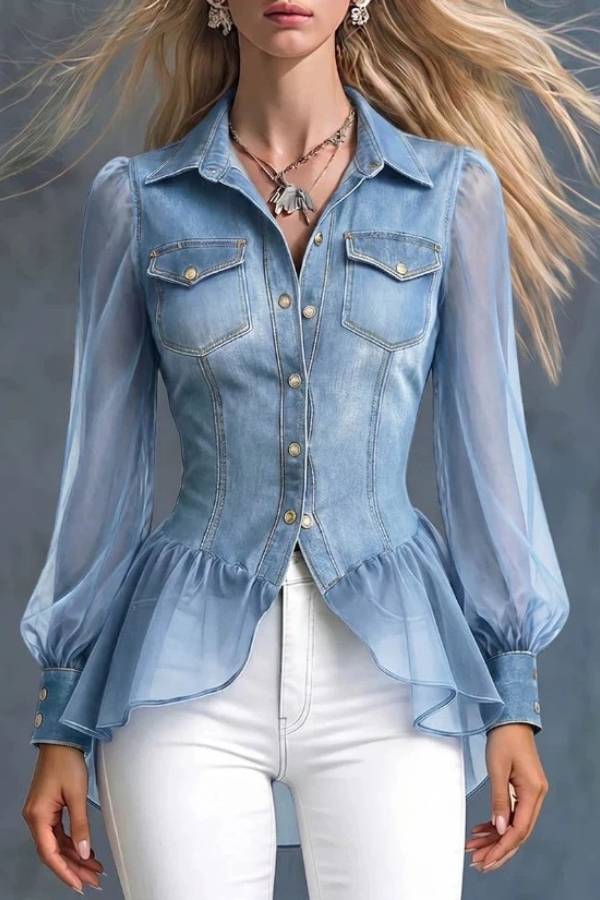 Spliced Sheer Organza Waist-Cinched Ruffle Hem Denim Shirt Top