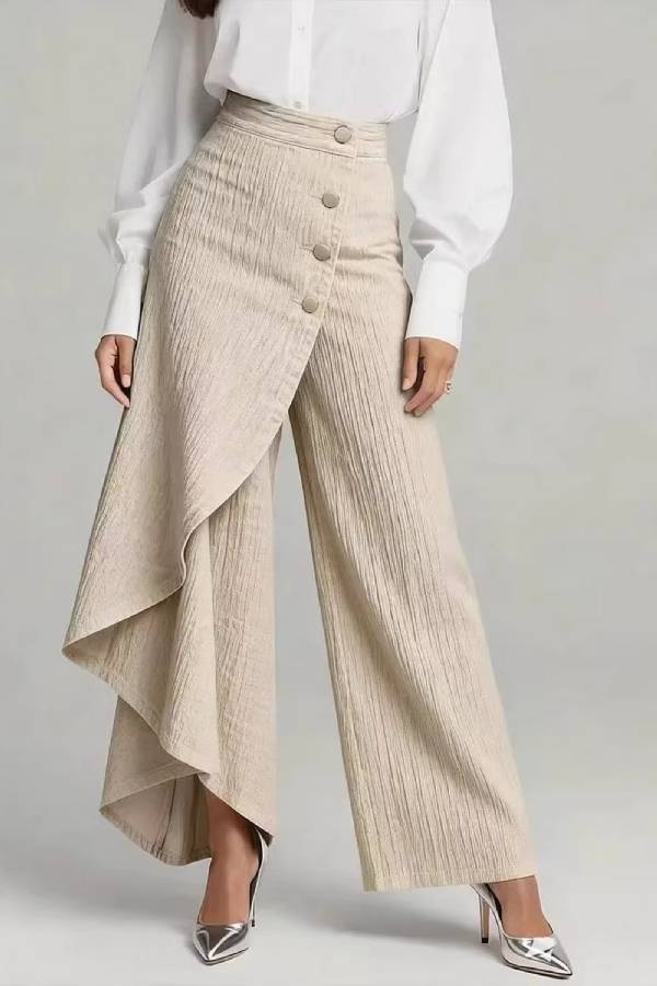 Asymmetric Overlay Button Wide‑Leg Culottes