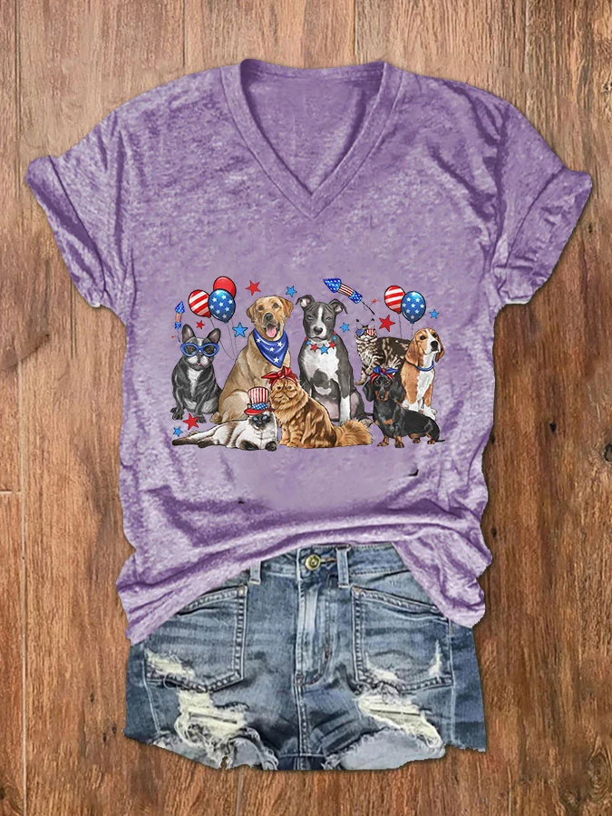 Women's Independence Day Dogs Print V-Neck T-Shirt