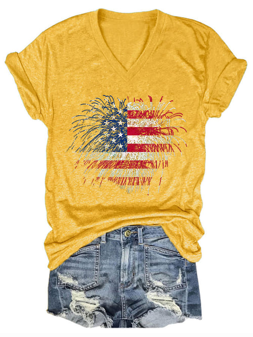 Women's Independence Day Fireworks Flag Print T-Shirt