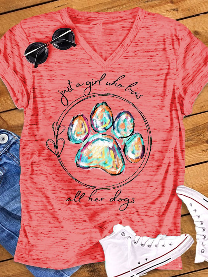 Women's Paws Just A Girl Who Loves All Her Dogs Print Snowflake Dot V-Neck T-Shirt