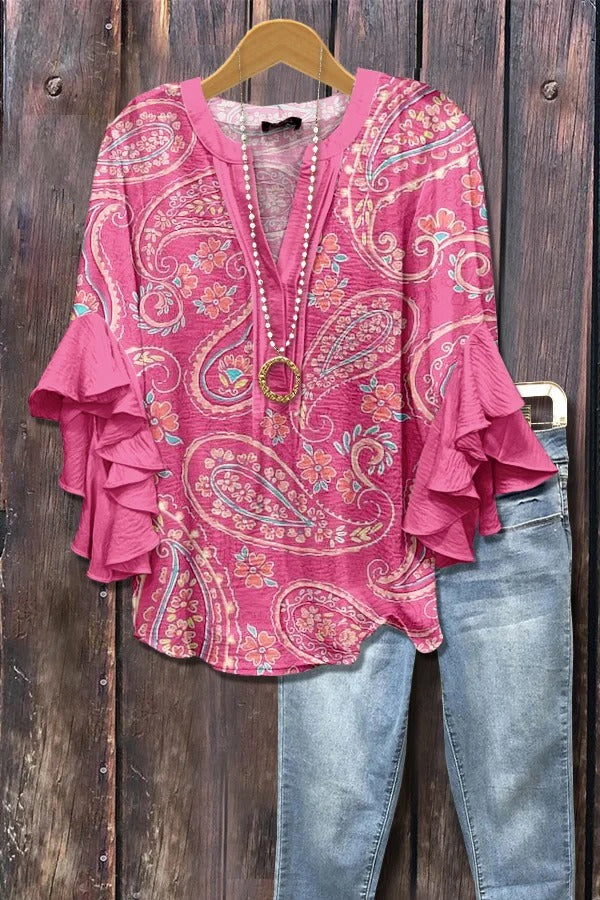 Pink Paisley Print Ruffle Sleeve Top