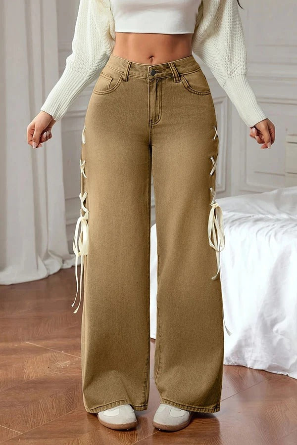 Fashionable Denim Mid Rise Side Ribbon Lace-up Pocket Wide Leg Jeans