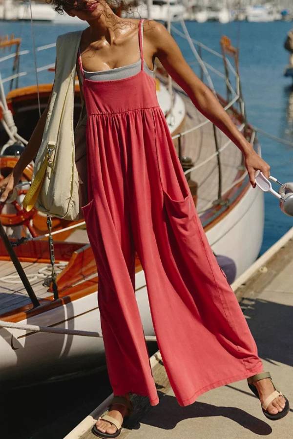 Washed Knit Spaghetti Strap Jumpsuit Square Neck Gathered Pocket Wide Leg Casual Romper