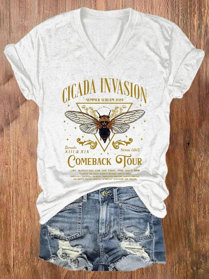 Women's Cicadas Invasion Comeback Tour Print V Neck T-shirt