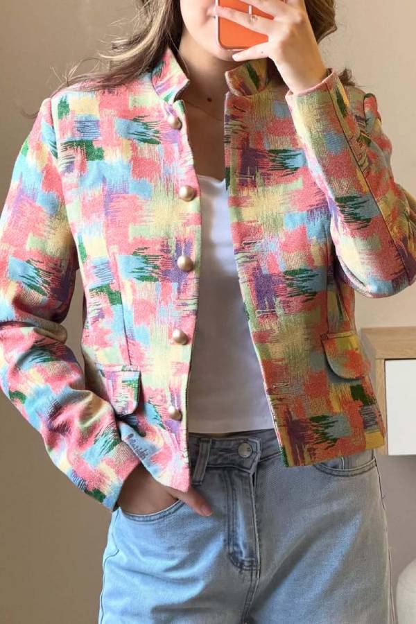 Vintage Printed Stand Collar Cropped Jacket