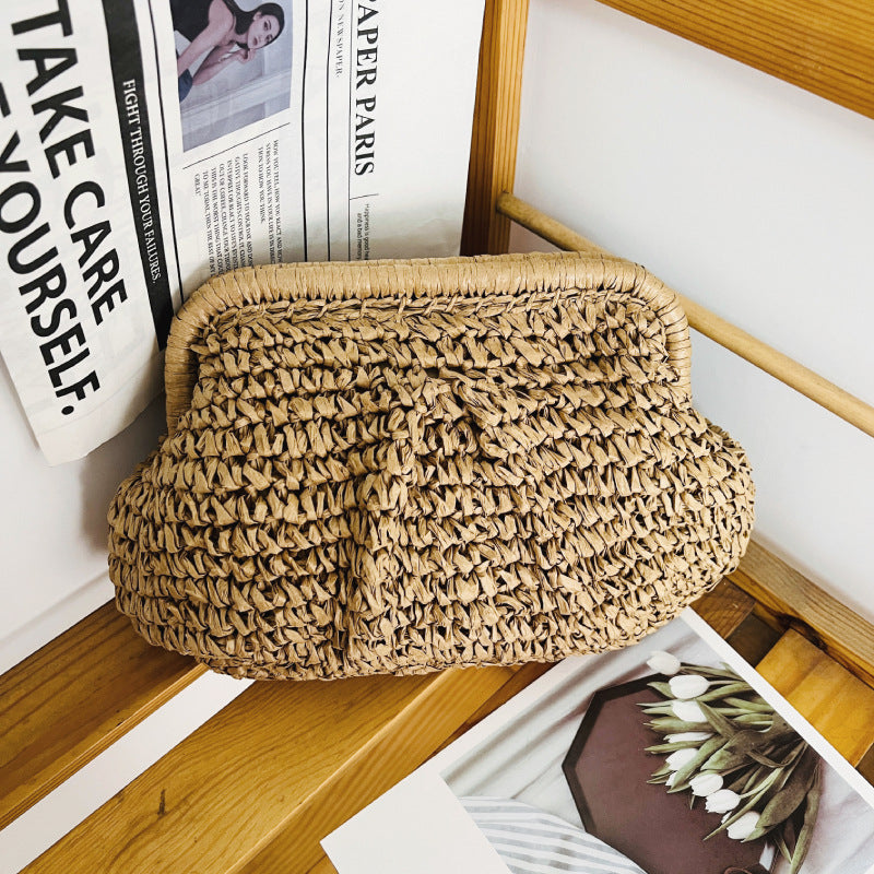 Ruched Woven Cloud Straw Clutch Bag