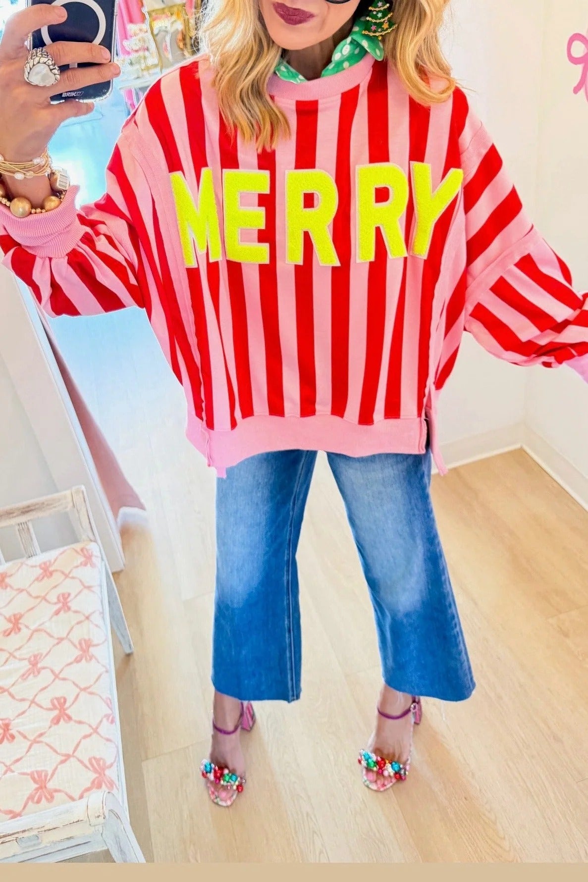 Pink and Red Striped Merry Sweatshirt