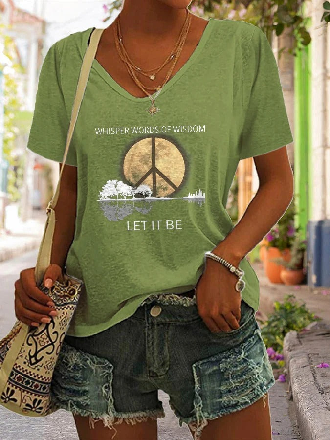 V-Neck Hippie Guitar Lake Whisper Words Of Wisdom Let It Be Print T-Shirt