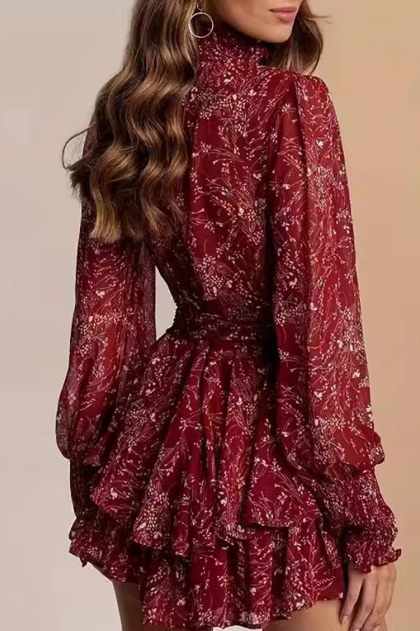Ruffle Mock Neck Chiffon Floral Long Sleeve Romper