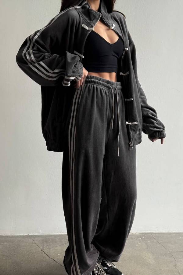 Chinese Frog Button Striped Tracksuit Two‑Piece Set