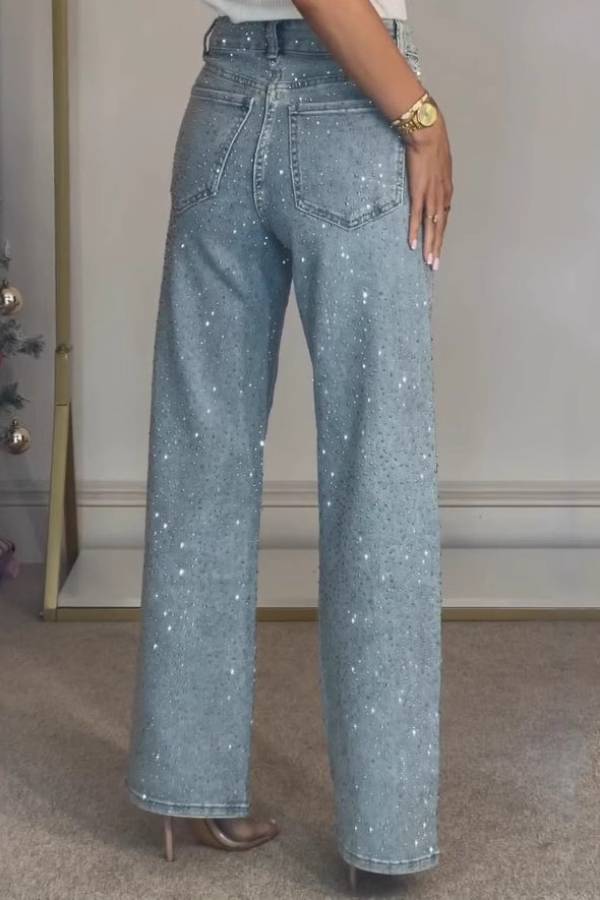 High‑Waisted Full Rhinestone Wide‑Leg Jeans