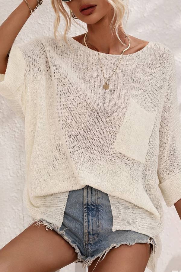Loose Open Knit Top Crew Neck Pocket 3/4 Roll Sleeve Split Hem Sheer Cover Up
