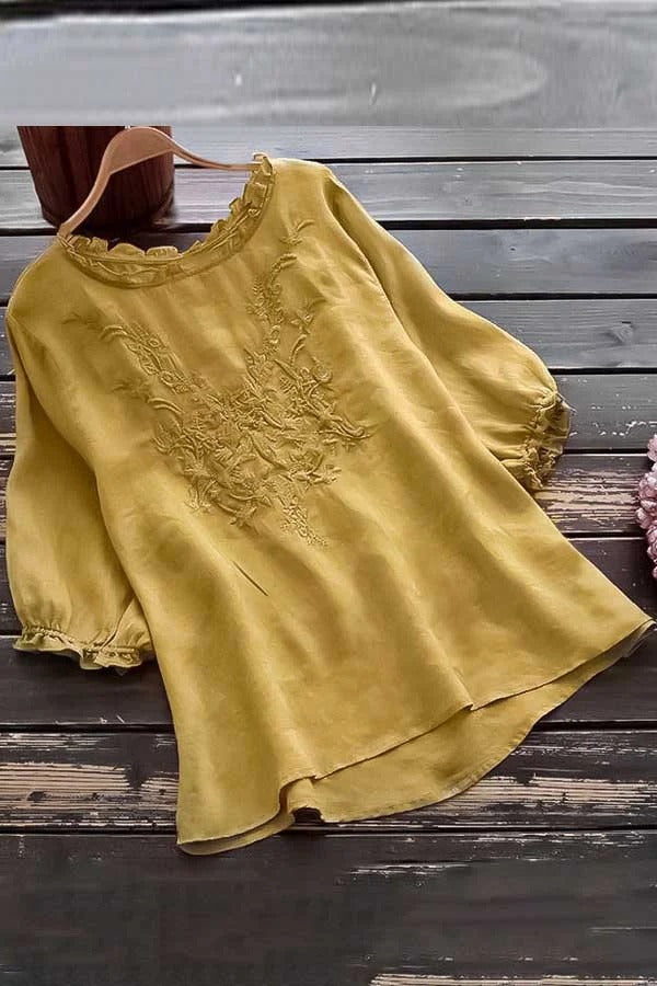 Floral Embroidered Ruffle Detailed Puff Sleeve Top