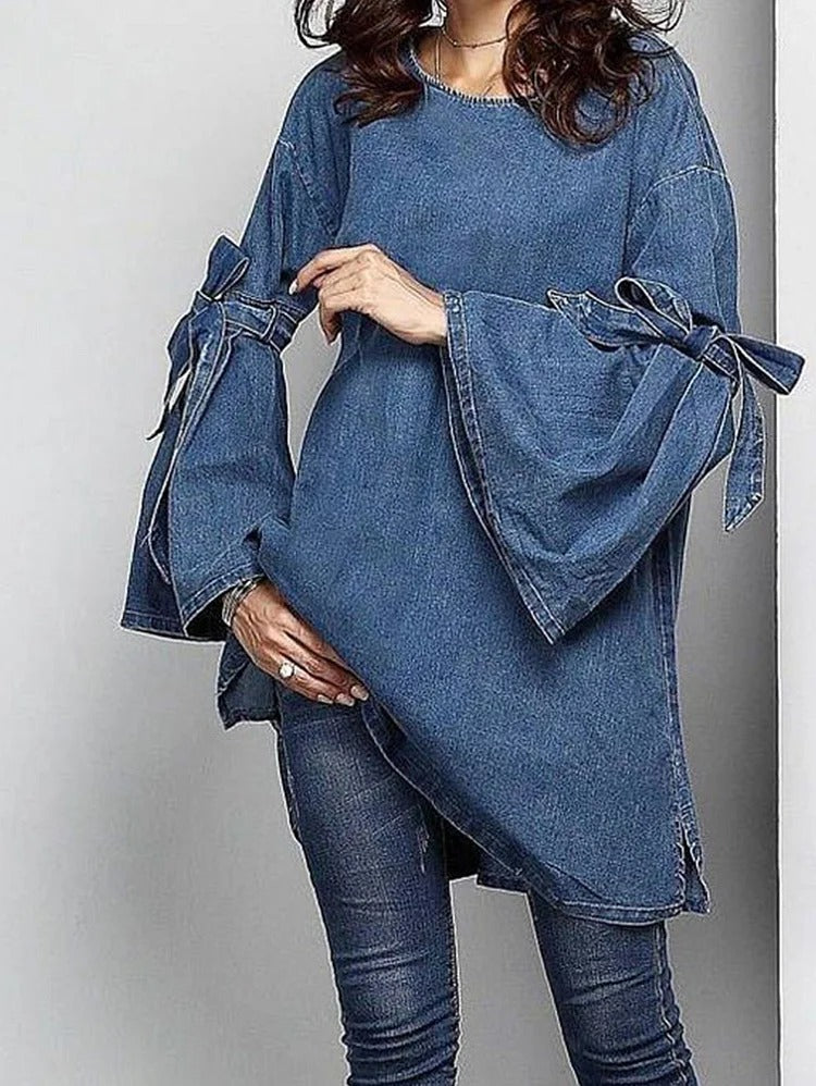 UR Fashion Plain Tie Arm Trumpet Sleeve Denim Shirt