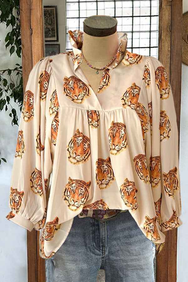 Classic Tiger Print Pleated V-neck Top