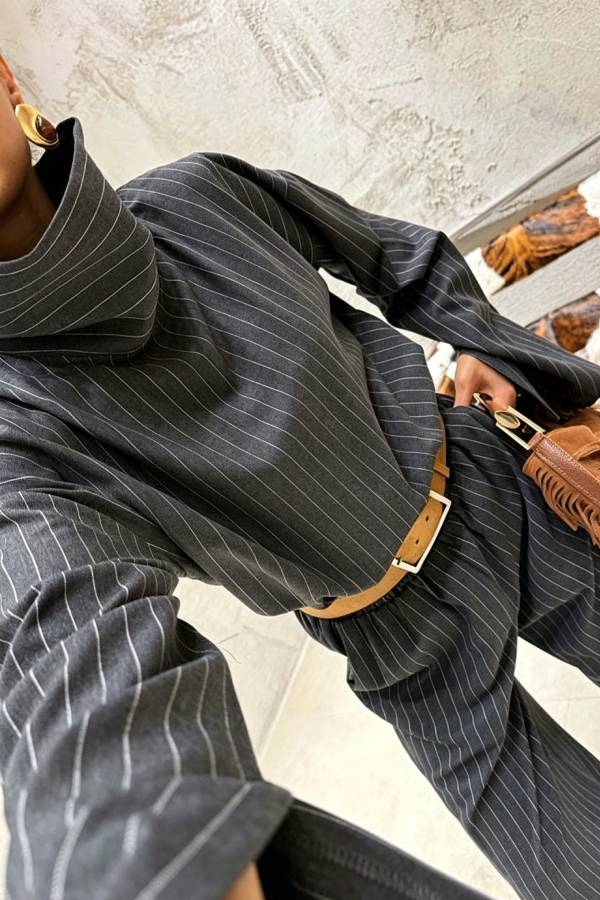 High Level Striped High Neck Long Slit Sleeve Top and Elastic Waist Pocket Loose Pants Set