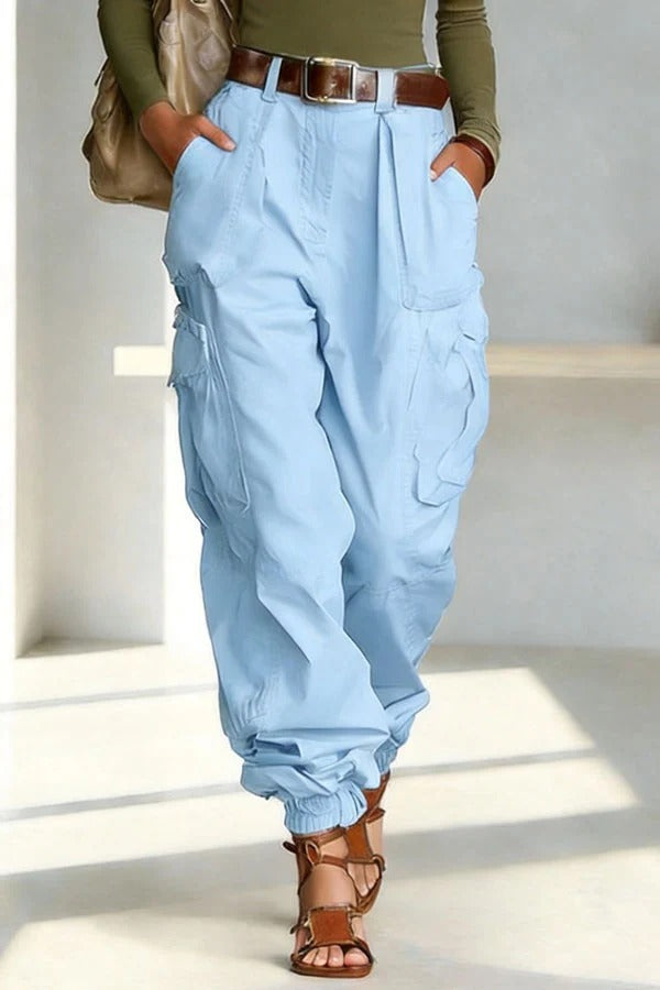 Street Style Solid Color High Waist Pocketed Loose Fit Cargo Pants