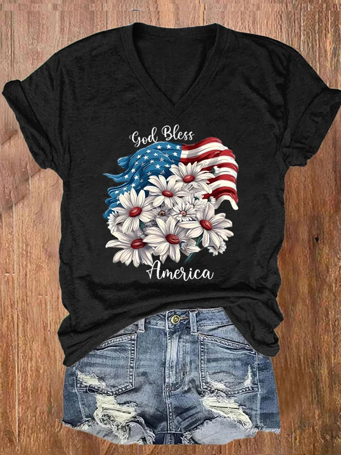 Women's American Flag Independence Day Print V-Neck T-Shirt